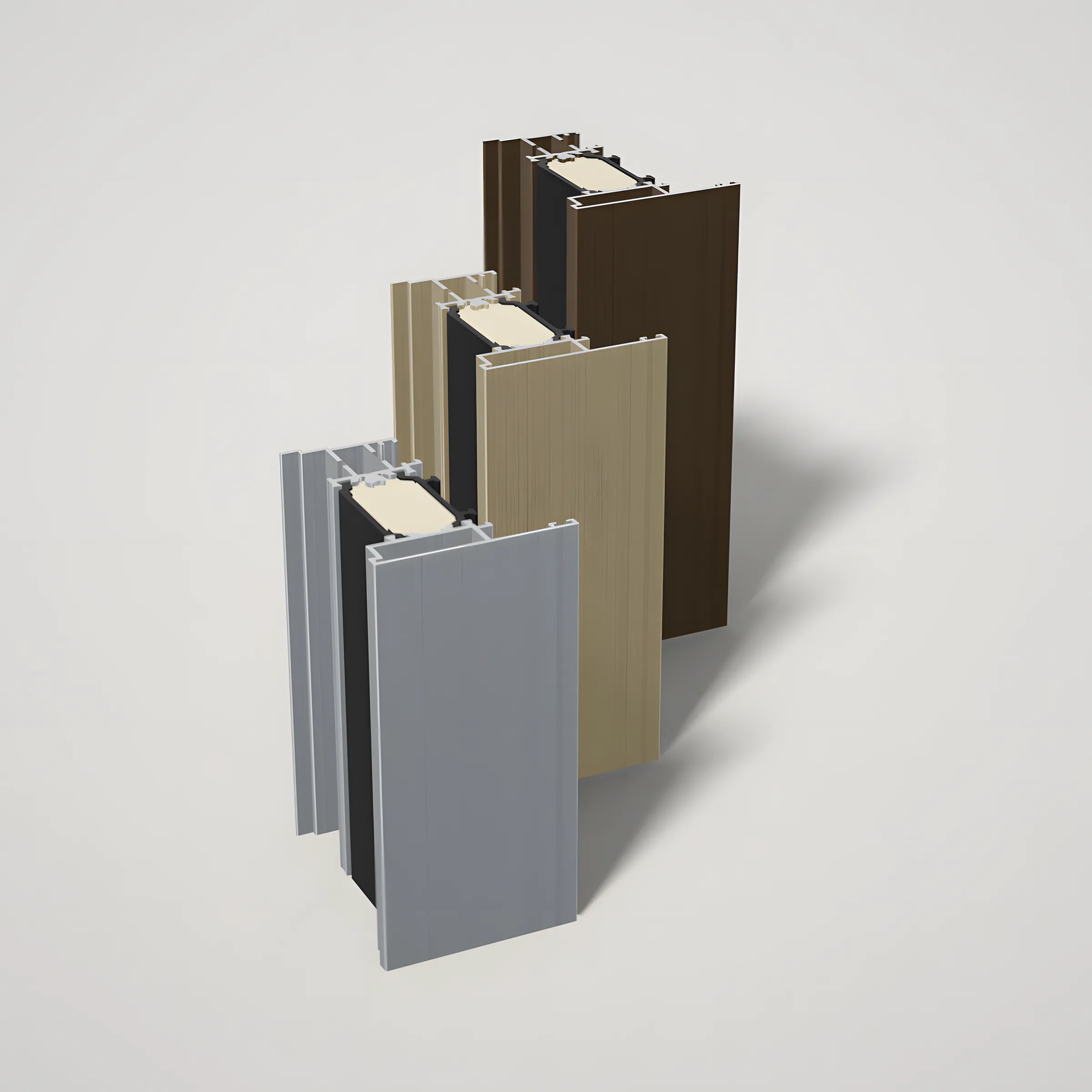 Tres tramos del perfil de aluminio anodizados en plata, champán y bronce
