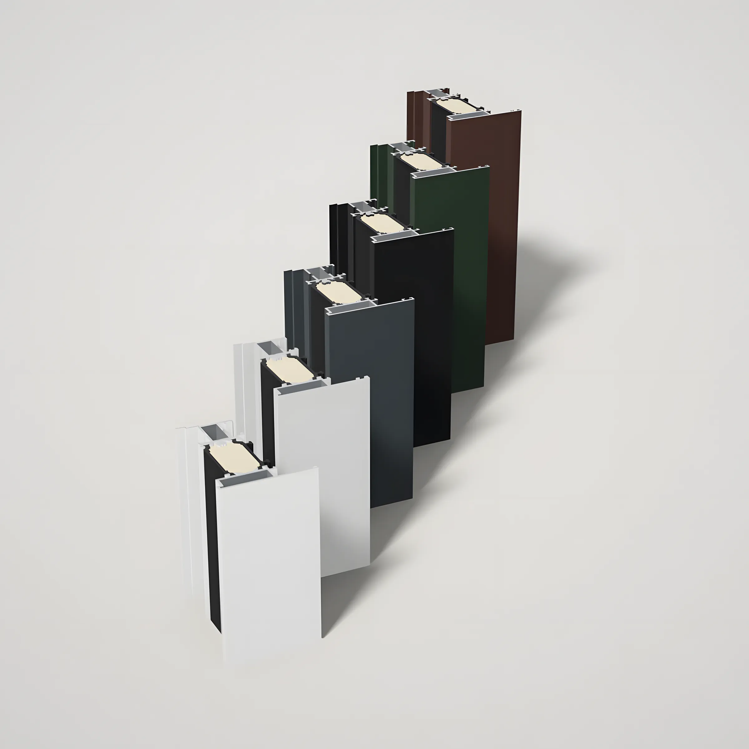 Seis tramos del perfil de aluminio lacados en blanco, gris luminoso, gris antracita, negro, verde abeto y marrón chocolate