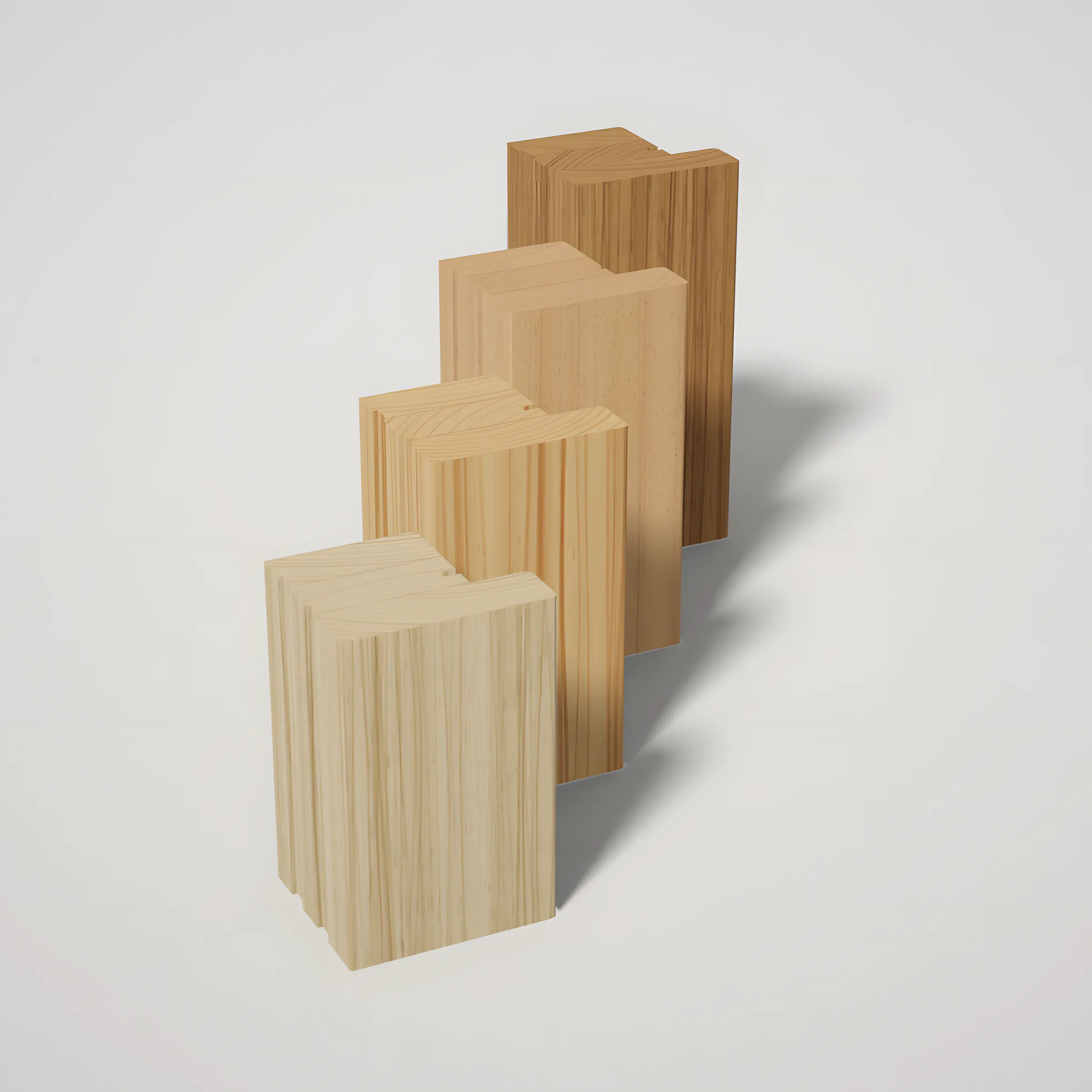 Cuatro tramos de perfil de madera laminada en fresno, pino, haya y roble