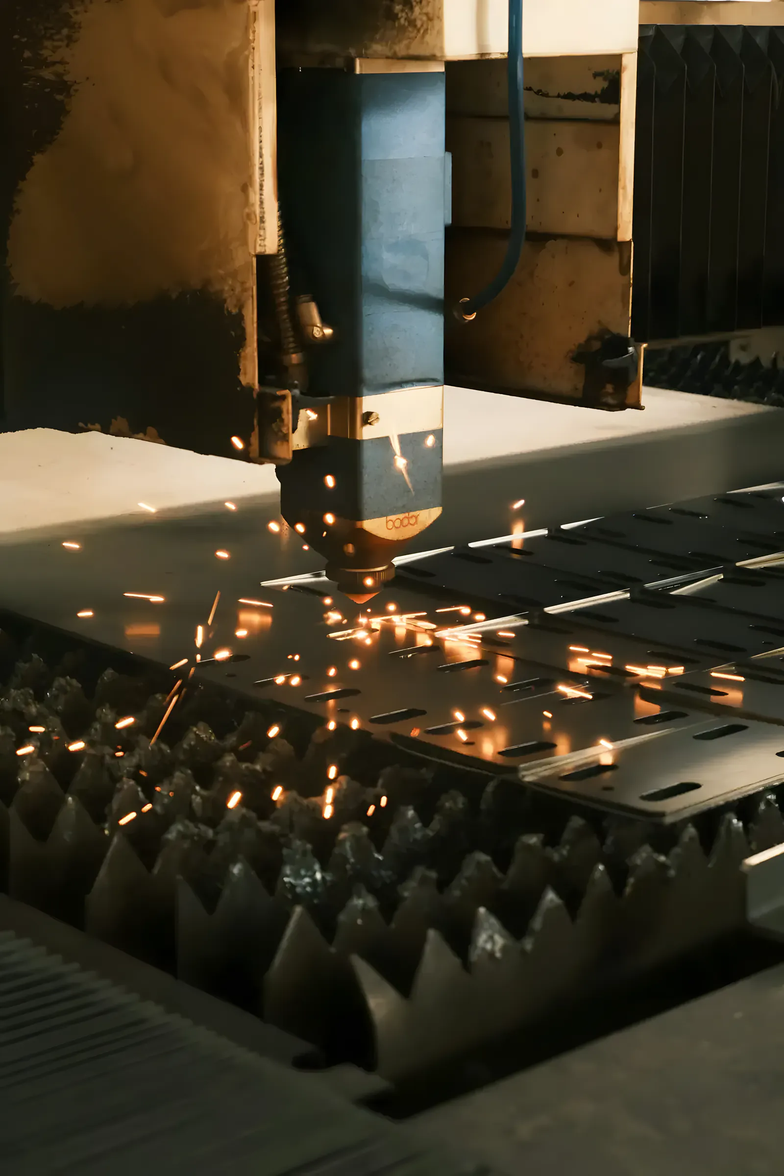 Máquina de corte láser trabajando sobre una chapa metálica, con chispas
