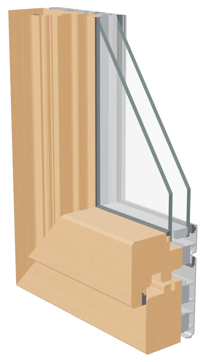 Esquina seccionada de una ventana mixta Astro 10, con madera de haya al interior, aluminio gris al exterior y doble acristalamiento