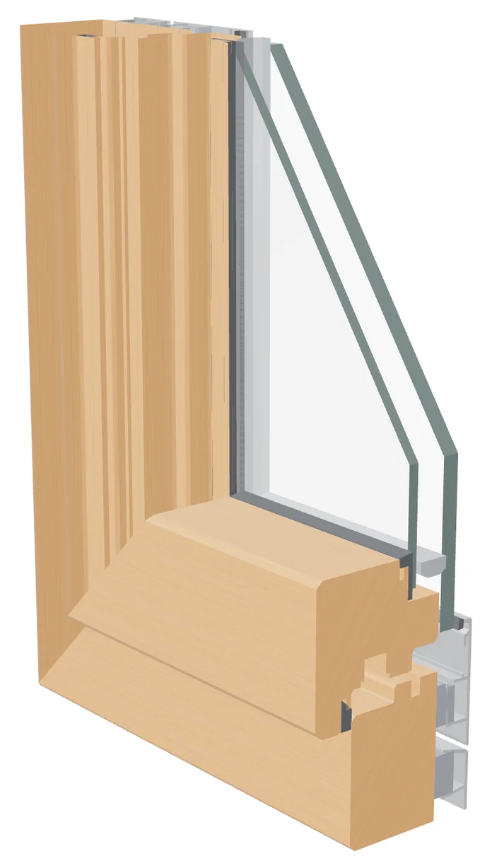 Esquina seccionada de una ventana mixta Astro 11, con madera de haya al interior, aluminio gris al exterior y vidrio de 28 mm