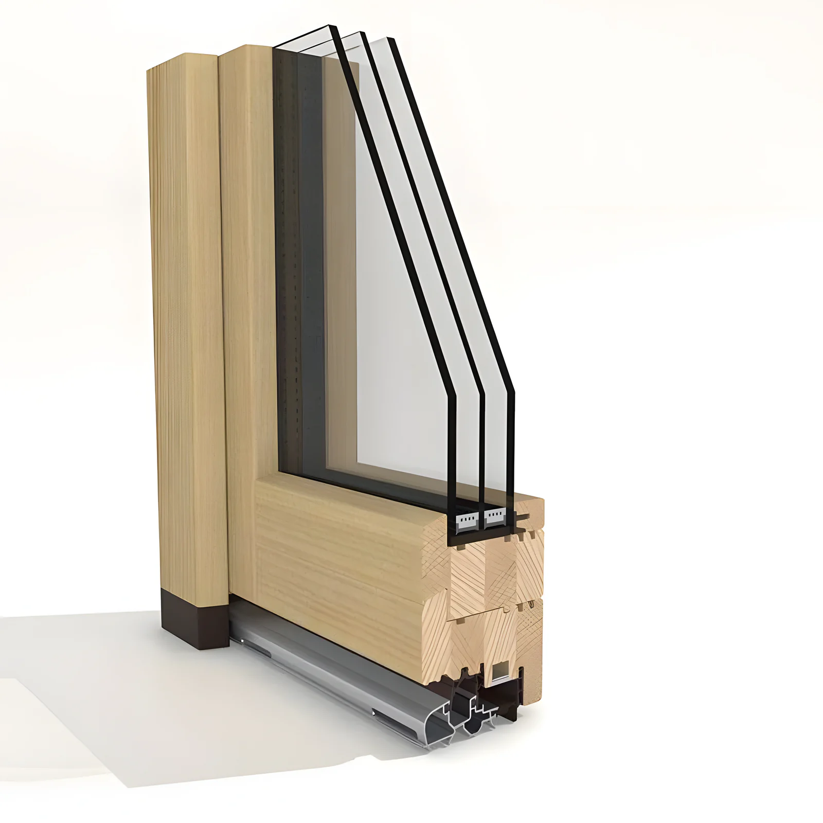Esquina seccionada de una ventana de madera Esperia 89 Plus Altana, con triple acristalamiento y perfil inferior de aluminio