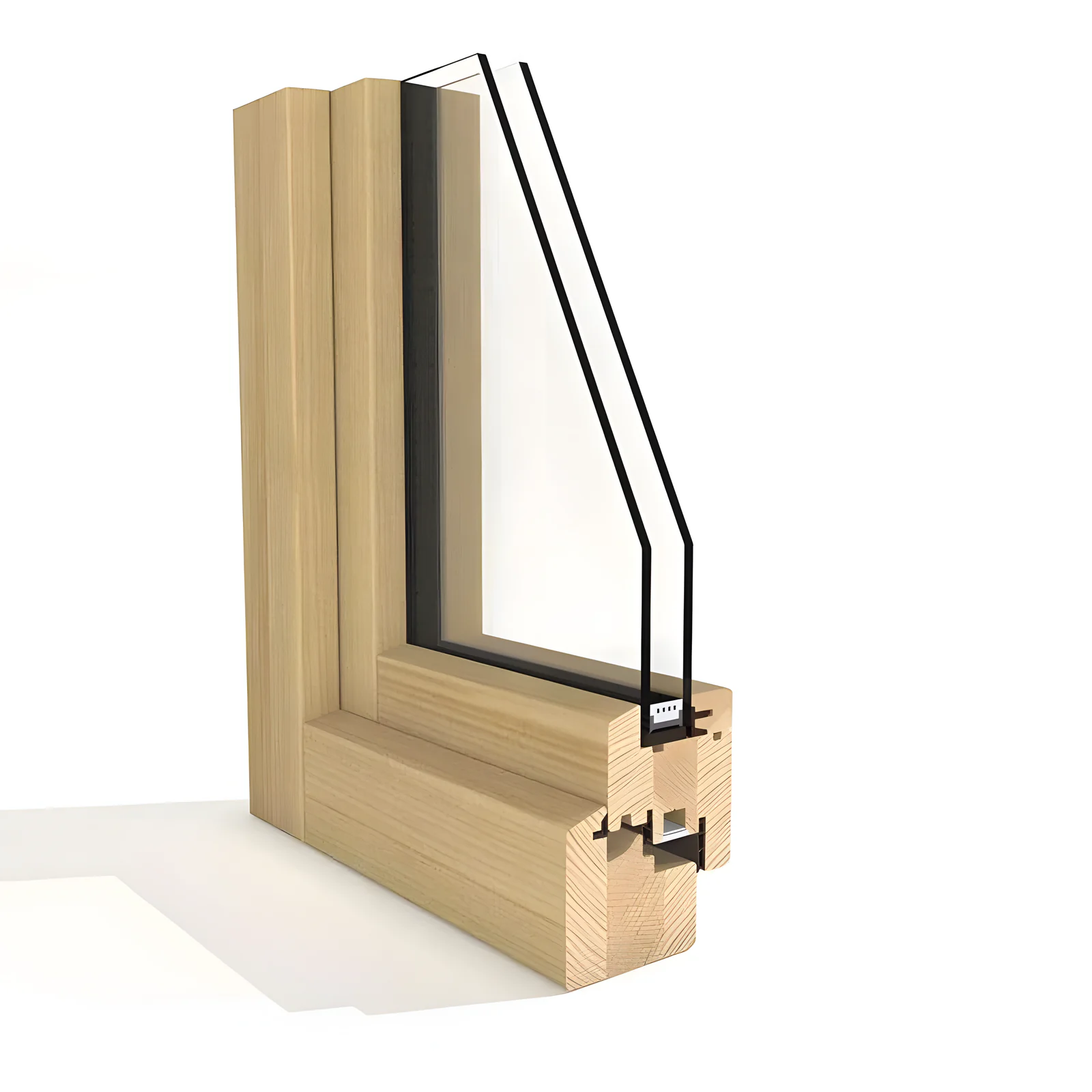 Esquina seccionada de una ventana de madera Esperia, con doble acristalamiento