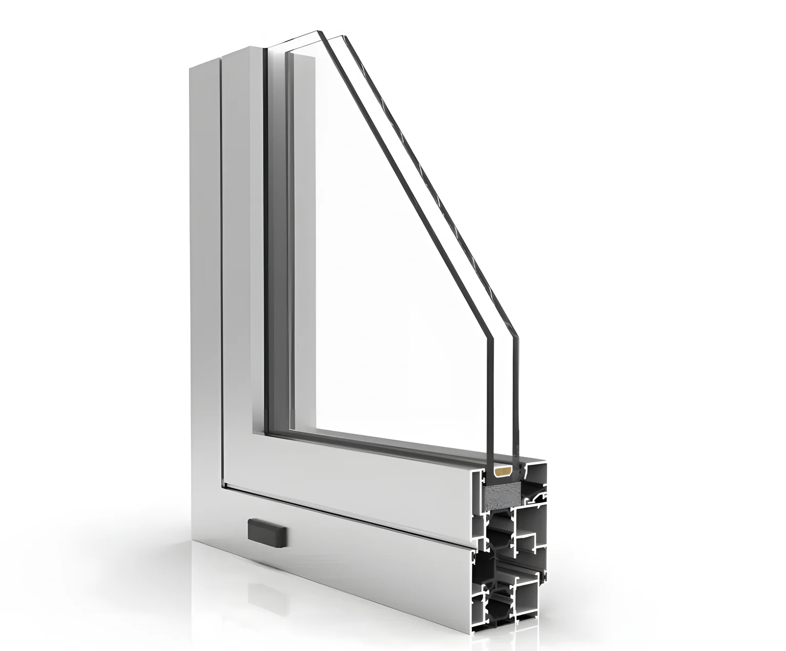 Esquina seccionada de una ventana de aluminio XP-60+, con doble acristalamiento
