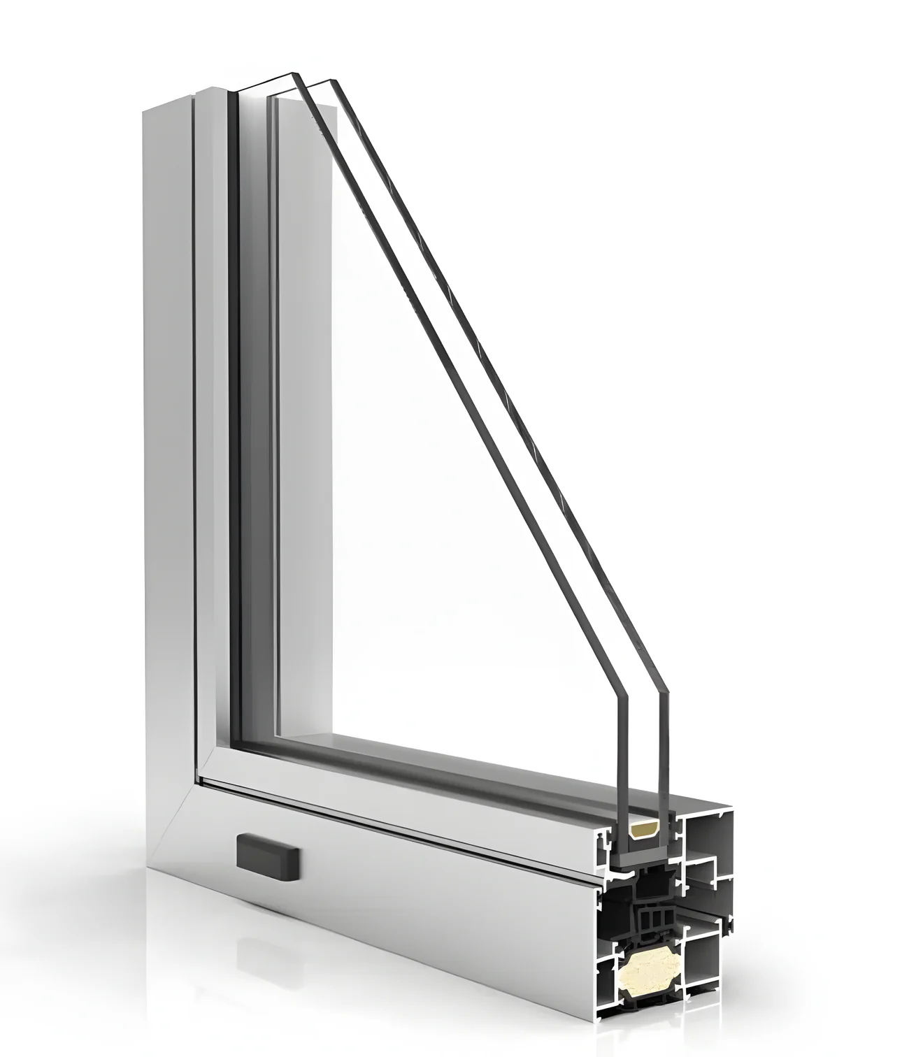 Esquina seccionada de una ventana de aluminio XP-70 CompaQ, con doble acristalamiento