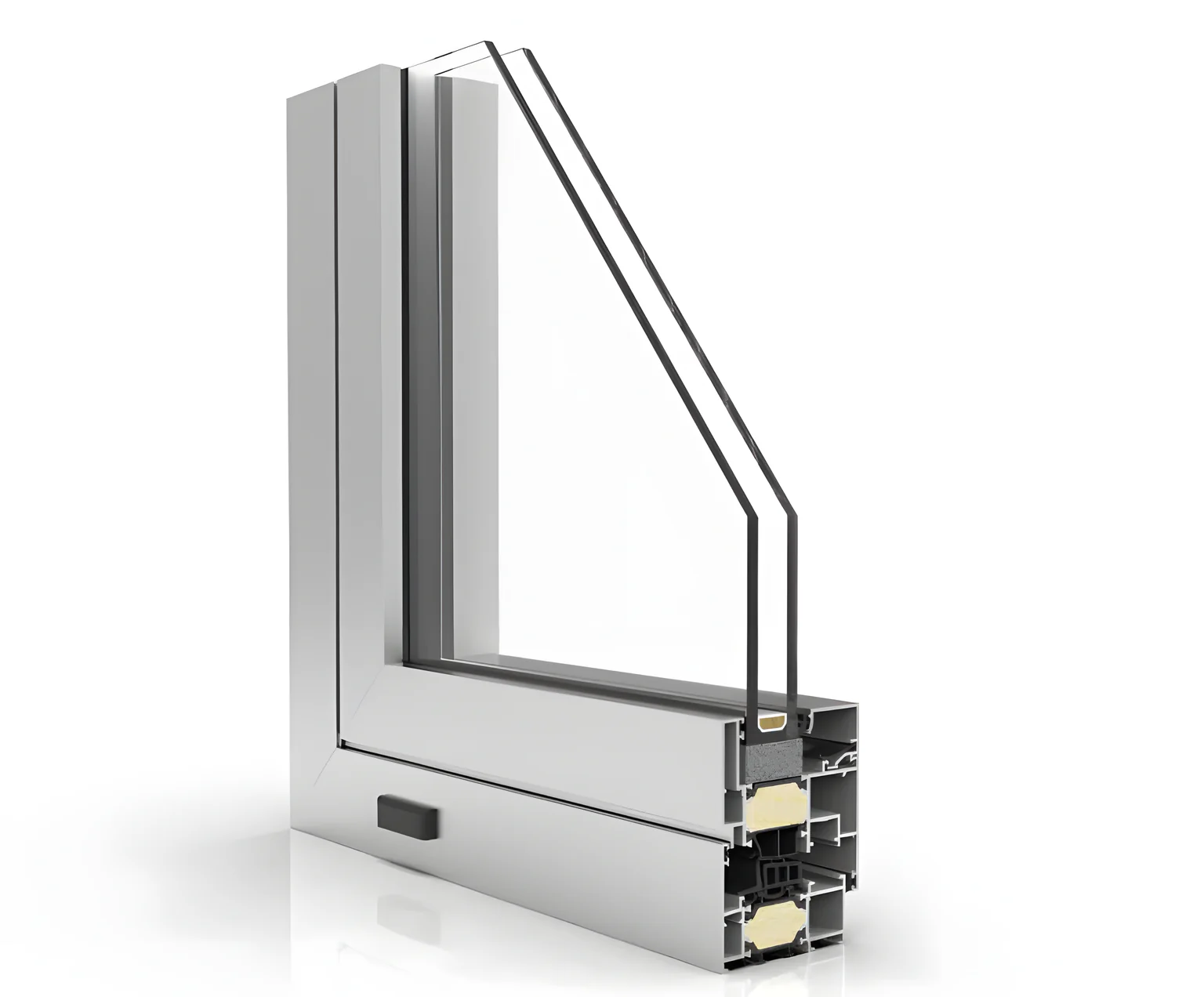 Esquina seccionada de una ventana de aluminio XP-70+ HI, con doble acristalamiento y rotura de puente térmico con espuma aislante