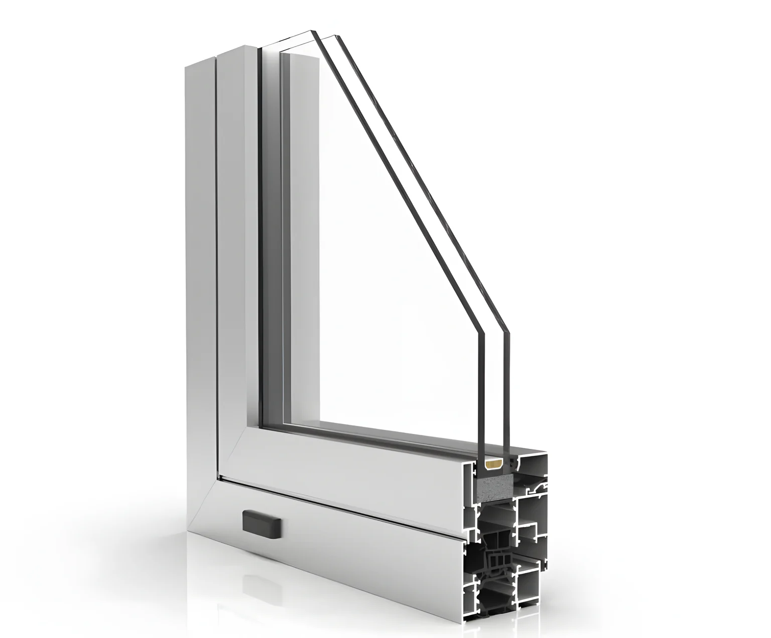 Esquina seccionada de una ventana de aluminio XP-70+, con doble acristalamiento