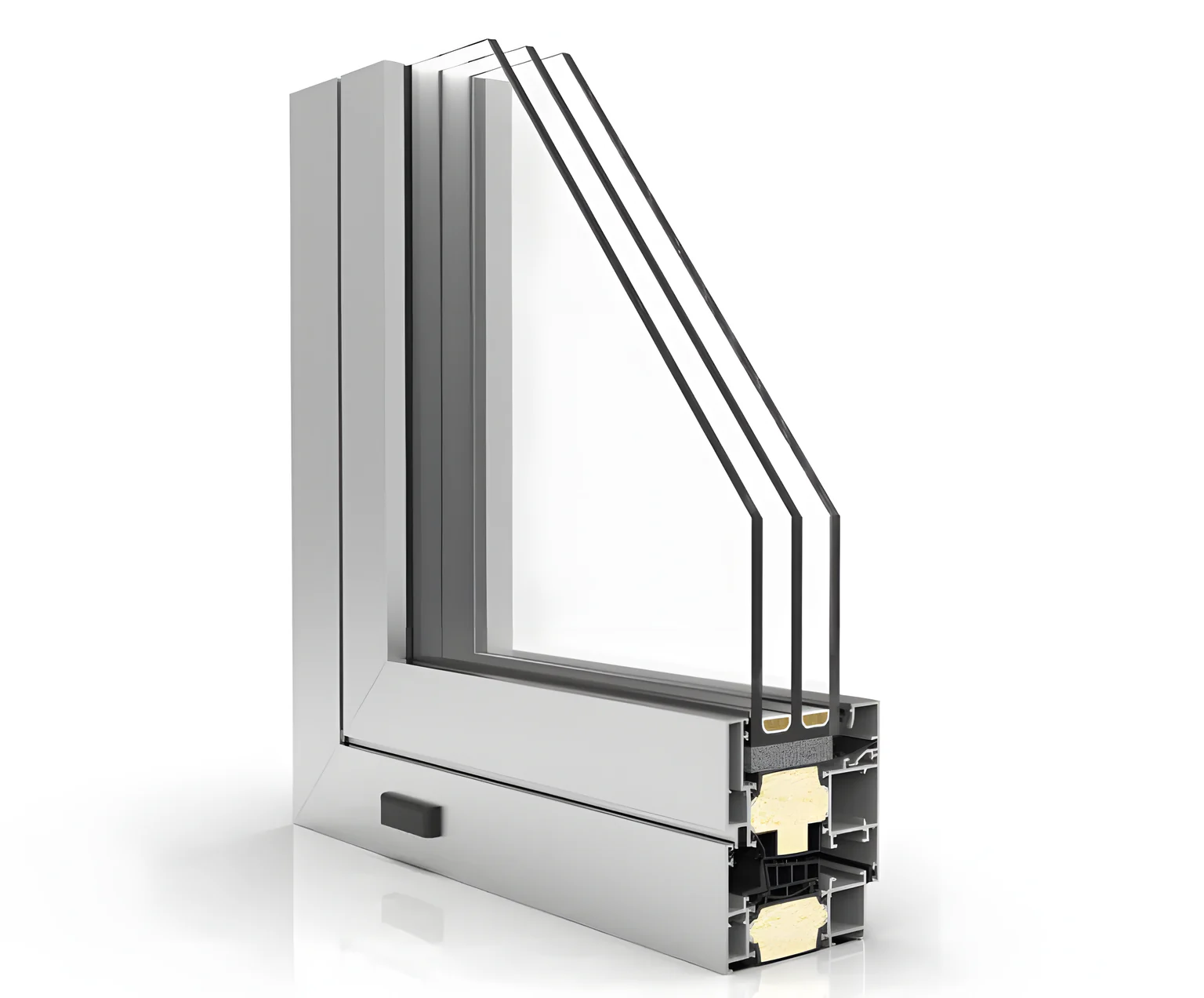 Esquina seccionada de una ventana de aluminio XP-80 HI, con triple acristalamiento y rotura de puente térmico con espuma aislante